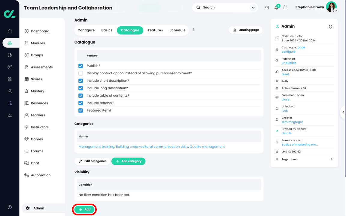 Course, Admin, Catalog page with the Add button highlighted in the Visibility section