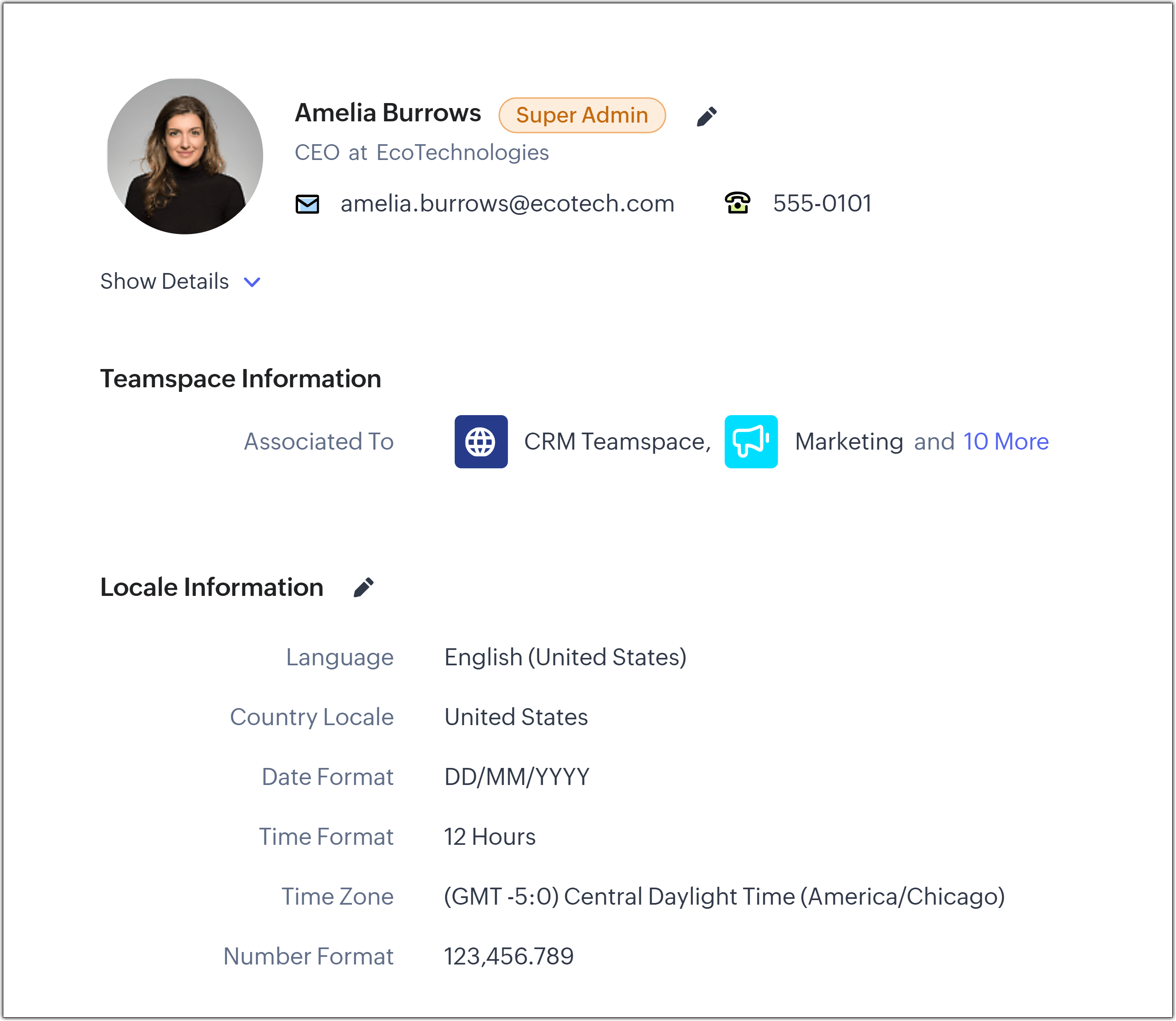 Personal settings page of Amelia Burrows contains details like her name, email address, phone number, website, and also shows her country locale, format preferences, and so on.