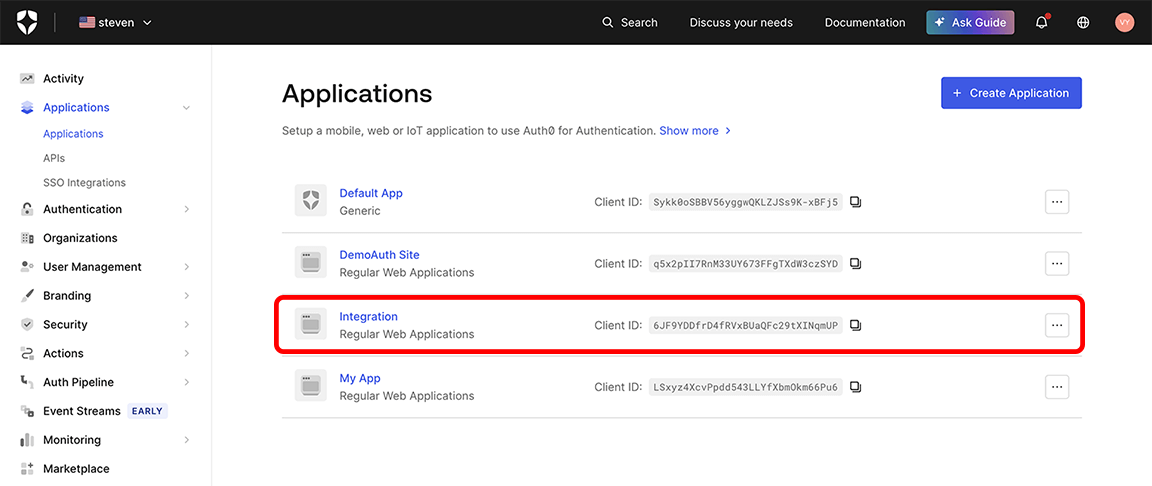 Auth0, Applications page with the newly created application highlighted