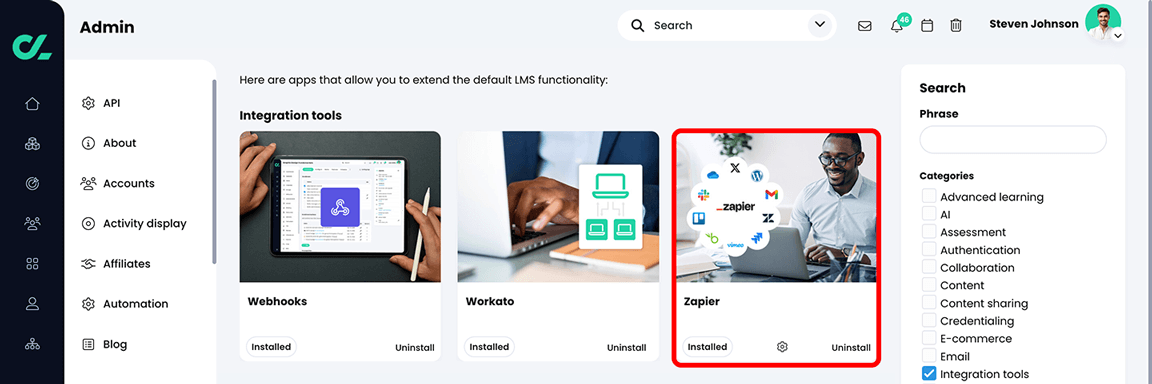 Admin, App center with the Zapier app highlighted