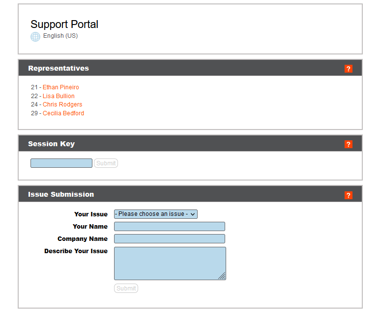 Image One Support Portal page, showing the list of representatives, session key entry, and issue submission form.