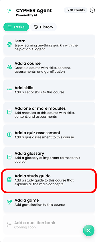 CYPHER Agent menu, Add a study guide highlighted