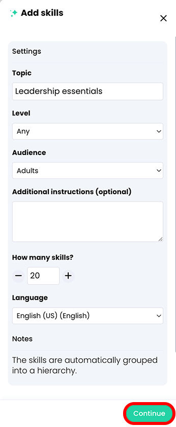 CYPHER Agent menu, Add skills, Settings with Continue button highlighted