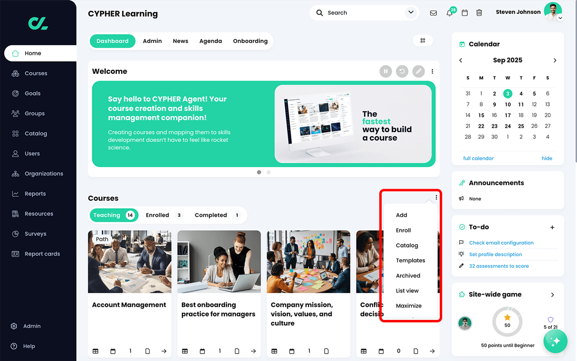 Home dashboard, Courses widget with the three dot menu active and highlighted