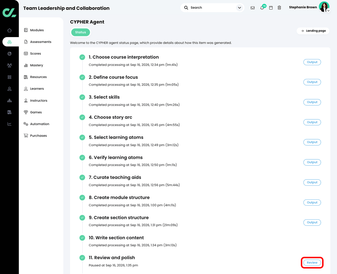 CYPHER Agent status page with the Review button highlighted in the Review and polish section