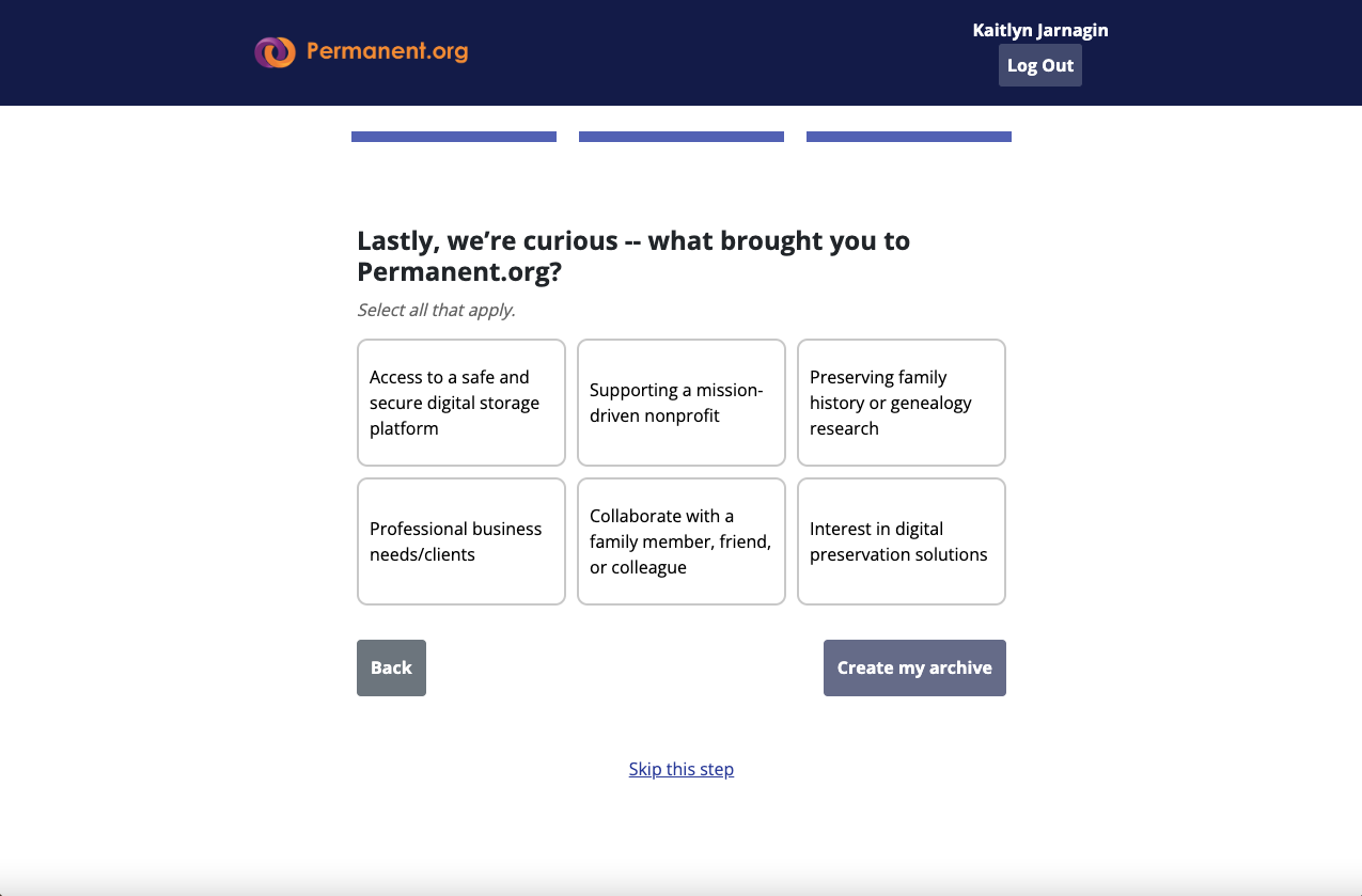 A screenshot of the Permanent.org application that depicts where you select what brought you to Permanent.