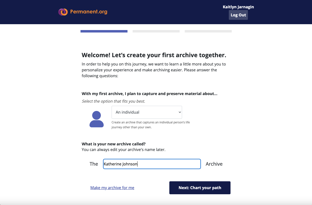 A screenshot of the Permanent.org application that depicts where you name your first archive.