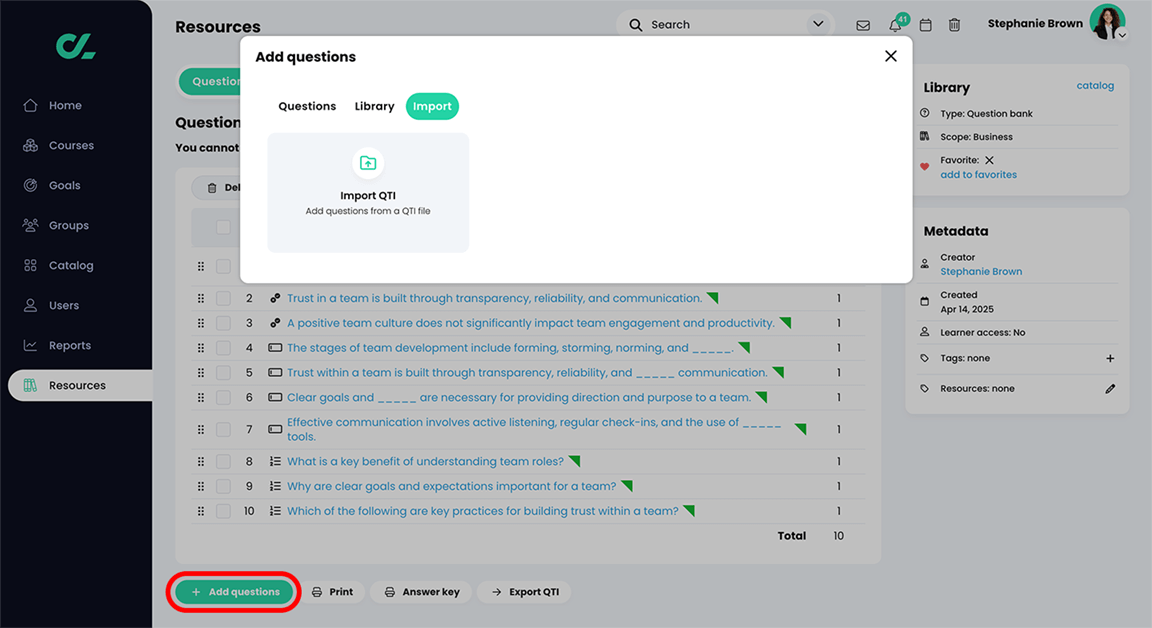 Resources, Questions, Add questions pop-up, Import tab