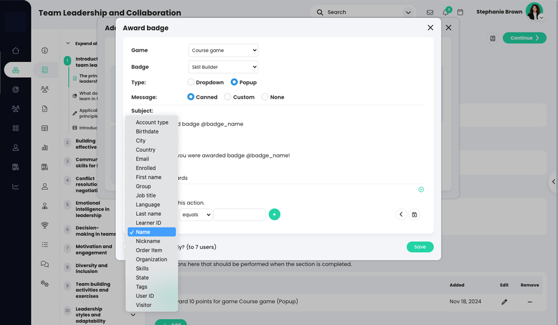 Fereastra pop-up pentru insignele de premiu care afișează opțiunile de filtrare