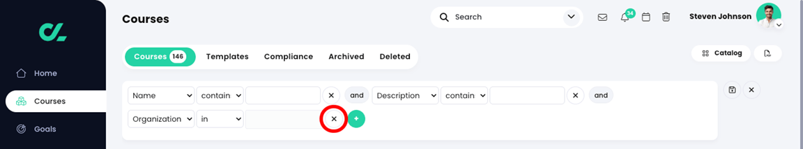 Courses, Courses list with three filters and the X icon highlighted for the third filter