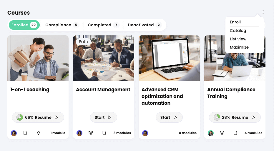 Dashboard Courses widget with the More menu active