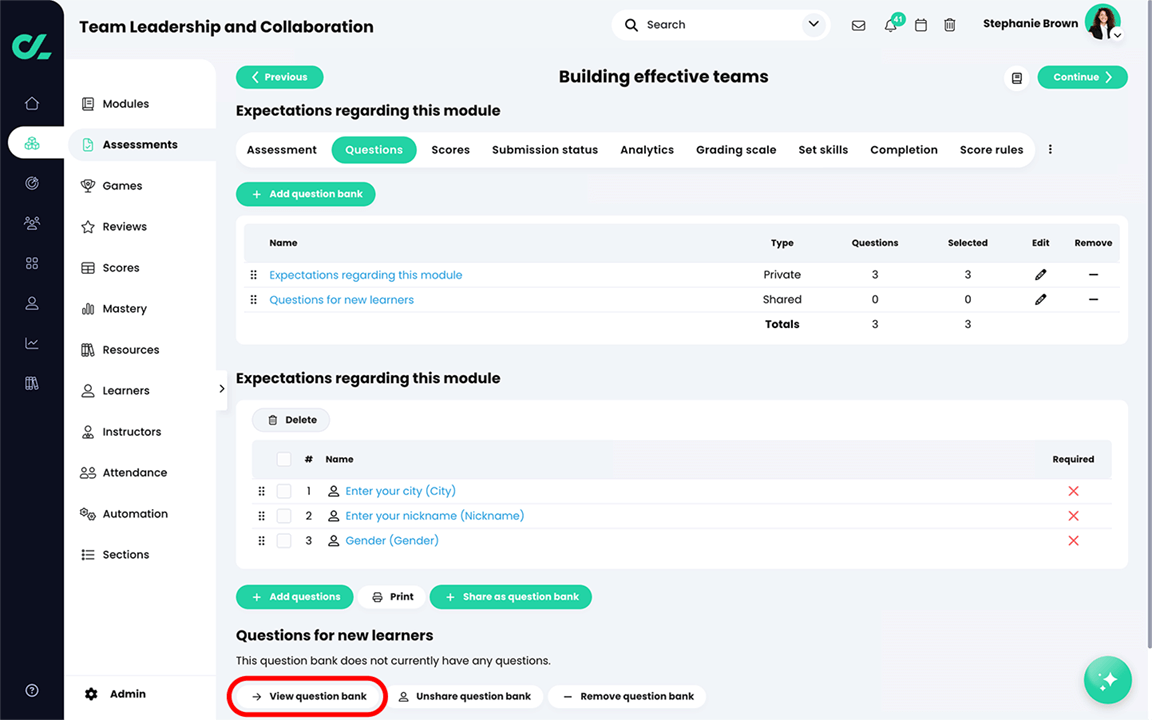 Course, Assessments, Survey assessment, Questions tab with the View question bank button highlighted for a shared question bank
