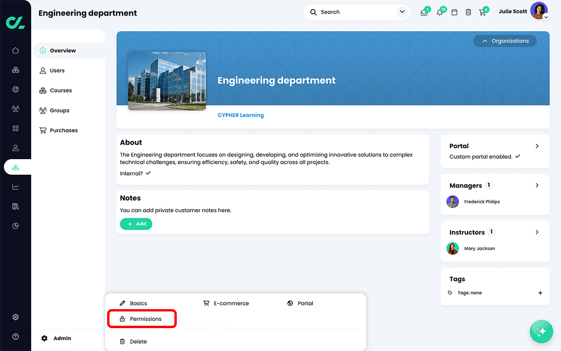 Organizations with the Admin menu active from the Organizations secondary menu and the Permissions button highlighted