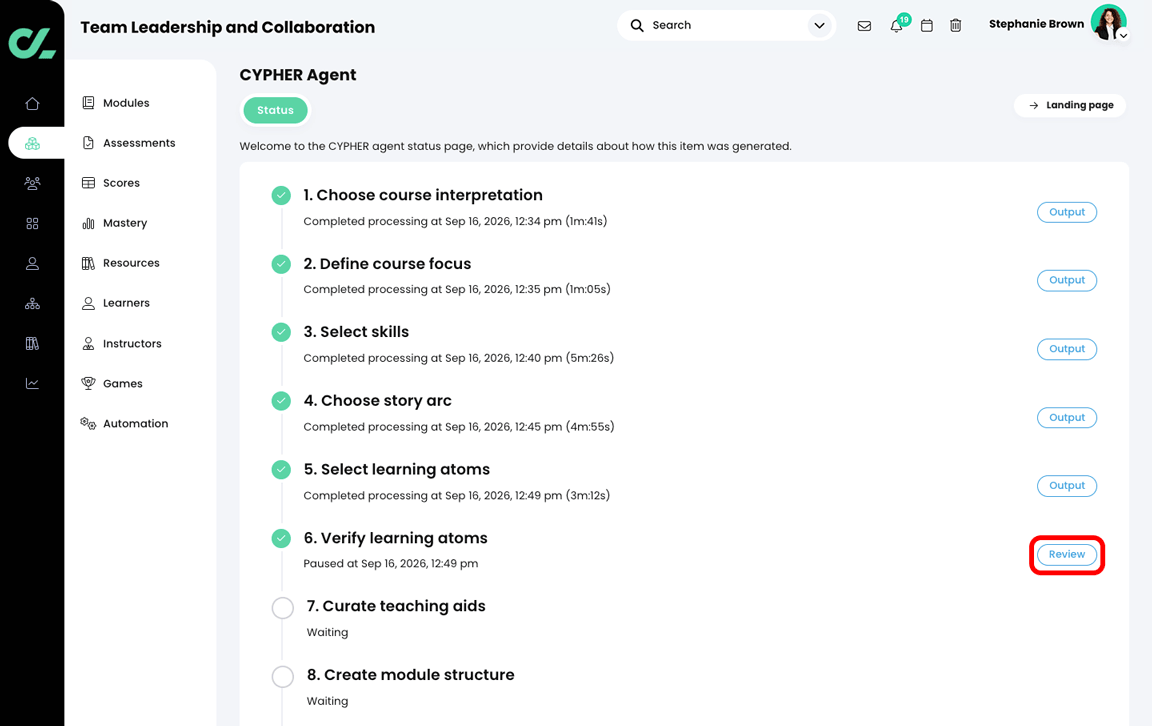 CYPHER Agent status page with the Review button highlighted in the Verify learning atoms section