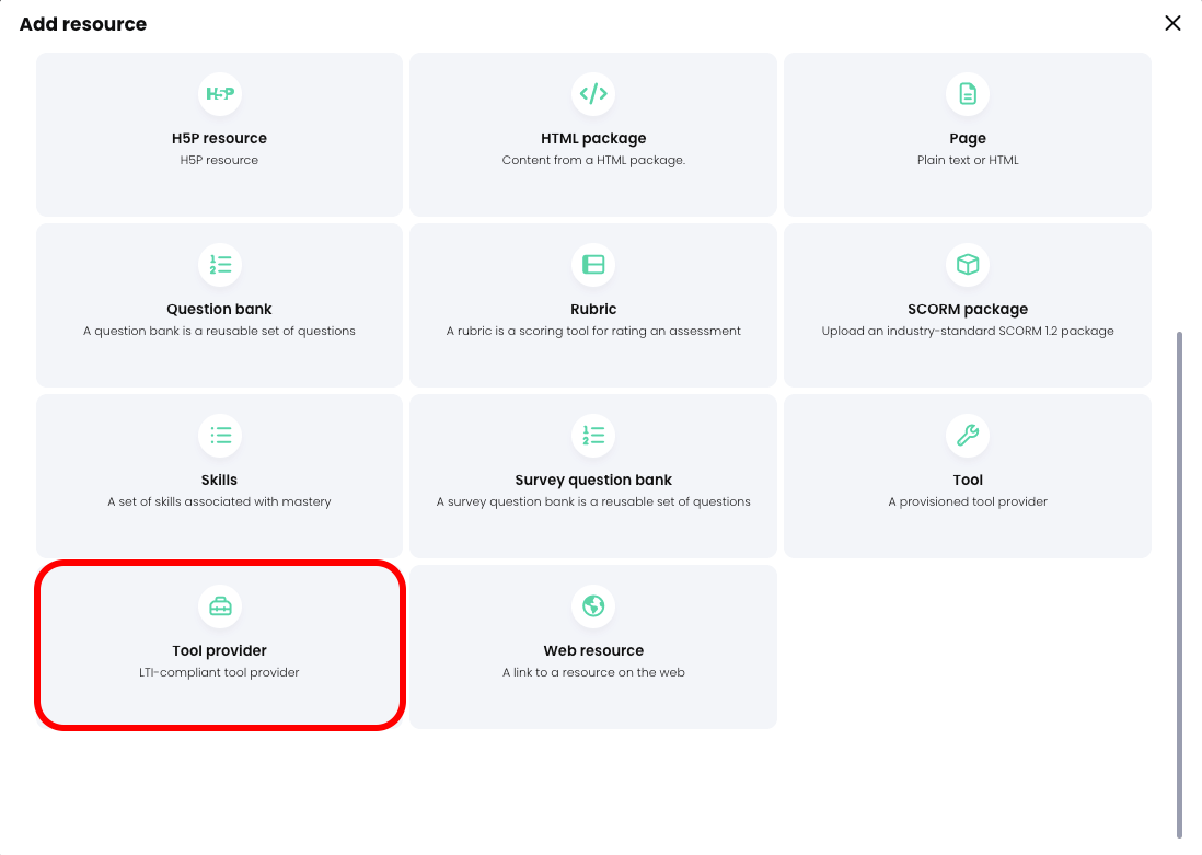 Add resource pop-up with Tool provider highlighted