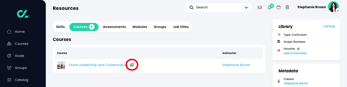 Resources, Individual skill, Courses tab with the template icon highlighted