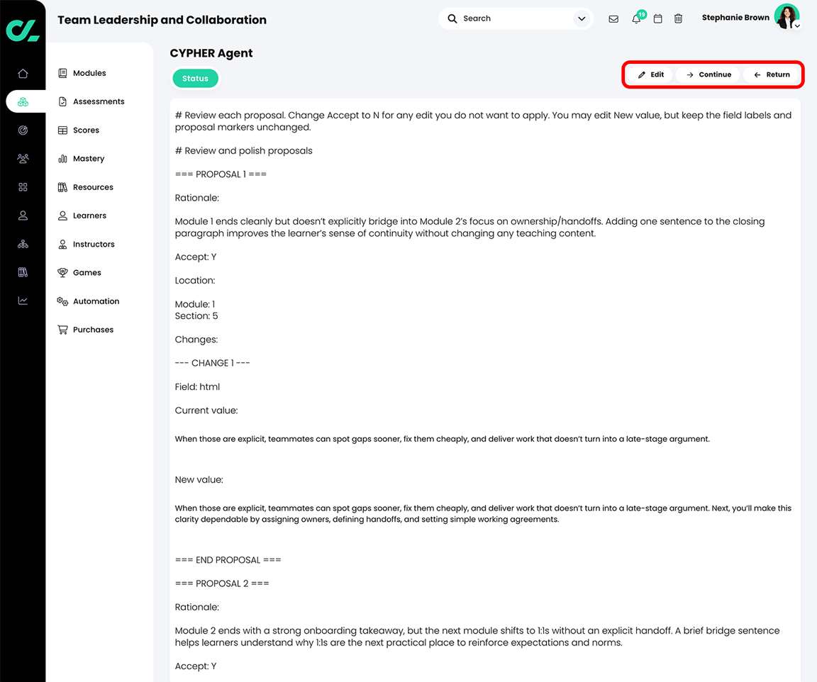 CYPHER Agent Review and polish Markdown file, with the Edit, Continue, and Return buttons highlighted
