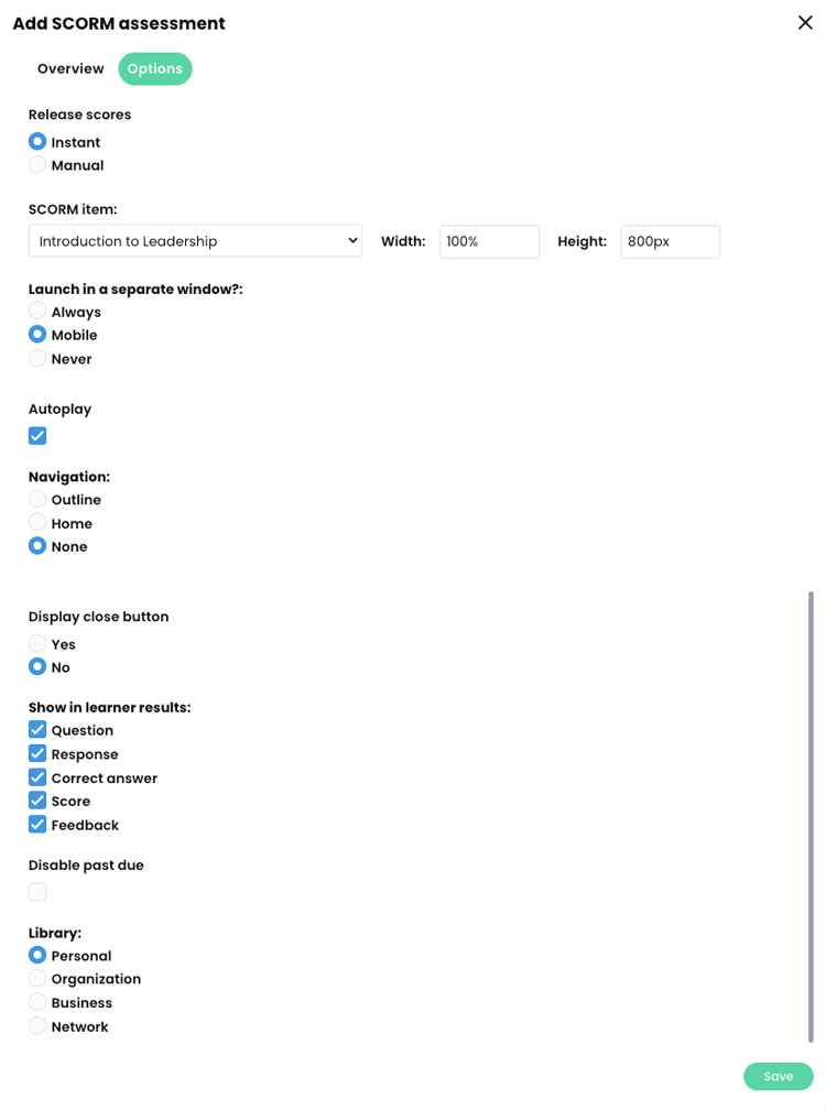 Add SCORM assessment pop-up, Options tab