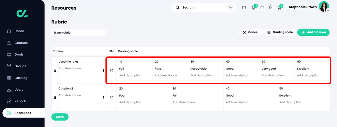 Resources, Rubric with the ratings for a criterion updated with the ratings from a grading scale from the library highlighted
