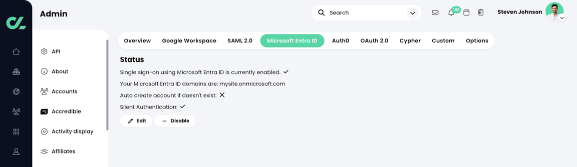 Admin, Single sign-on, Microsoft Entra ID Status page with Microsoft Entra ID SSO enabled 