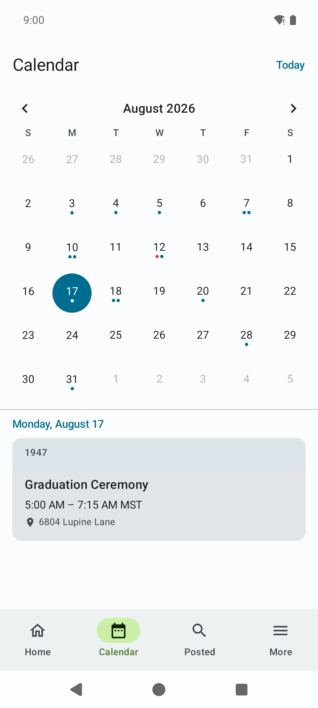 The Calendar tab showing a month grid with colored dots under several days, today selected, and that day's assignment listed below the grid.