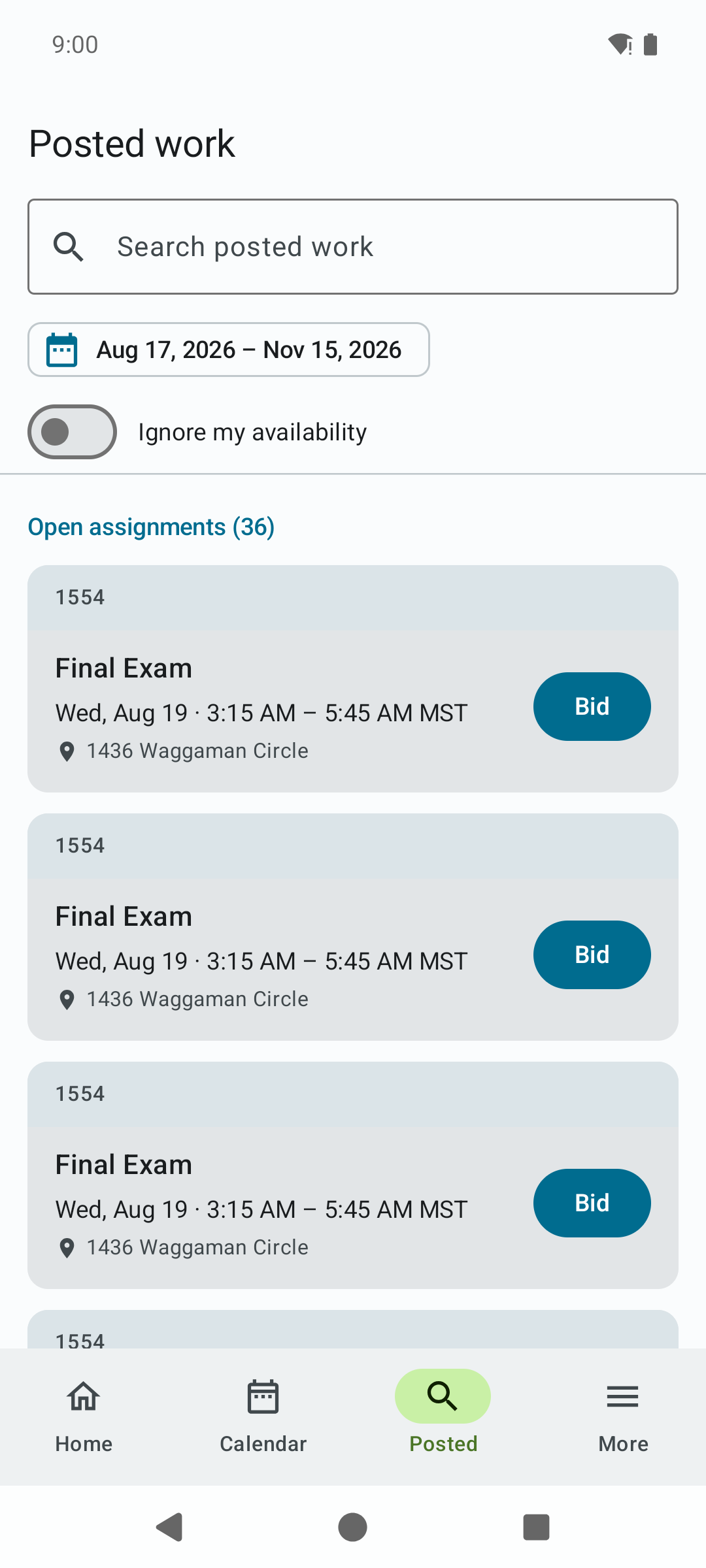 The Posted work tab with a search box, a date range chip, an Ignore my availability switch, and open assignments that each show a Bid button.