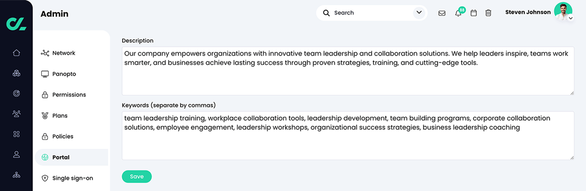 Admin, Portal, Meta Description and Keywords form