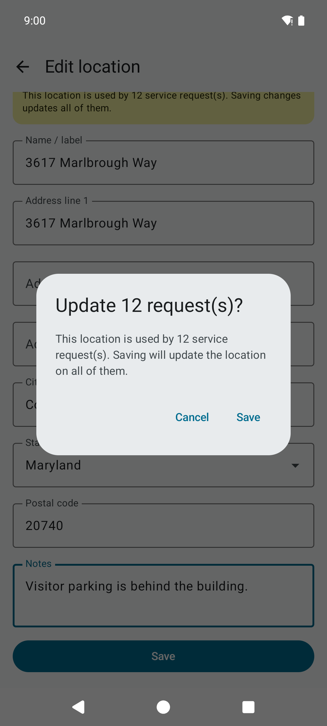 A warning dialog explaining the location is used by several service requests and that saving changes will update all of them.