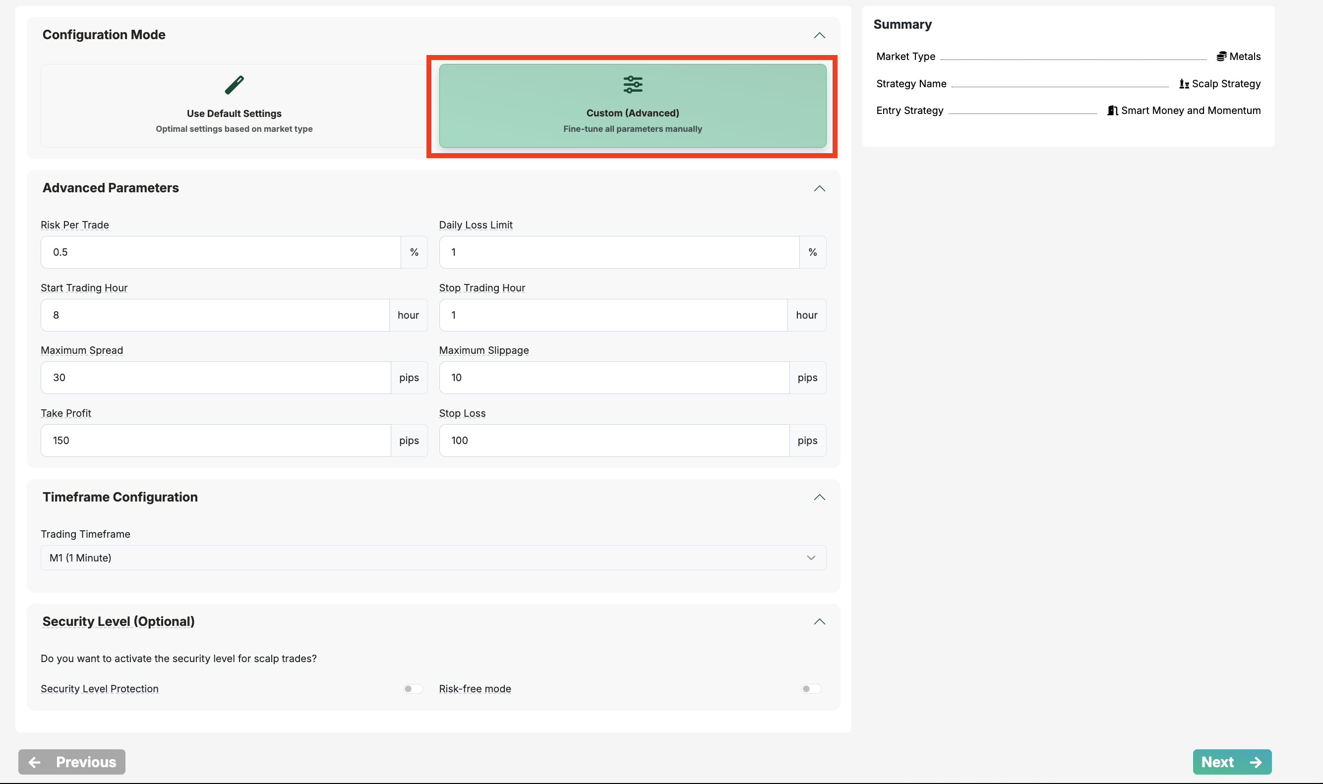 Custom settings xaubot