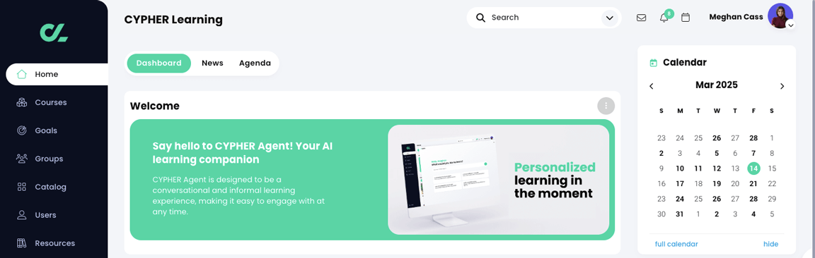 Learner home page dashboard, banner widget