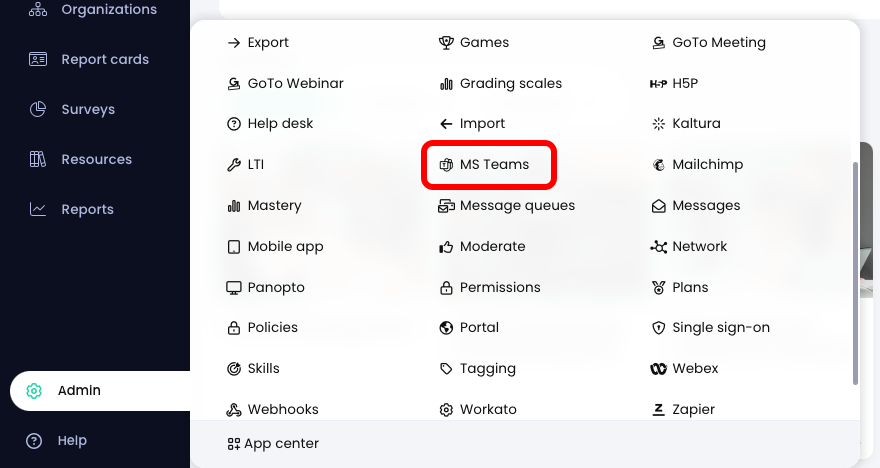 CYPHER platform, Admin menu active with MS Teams highlighted