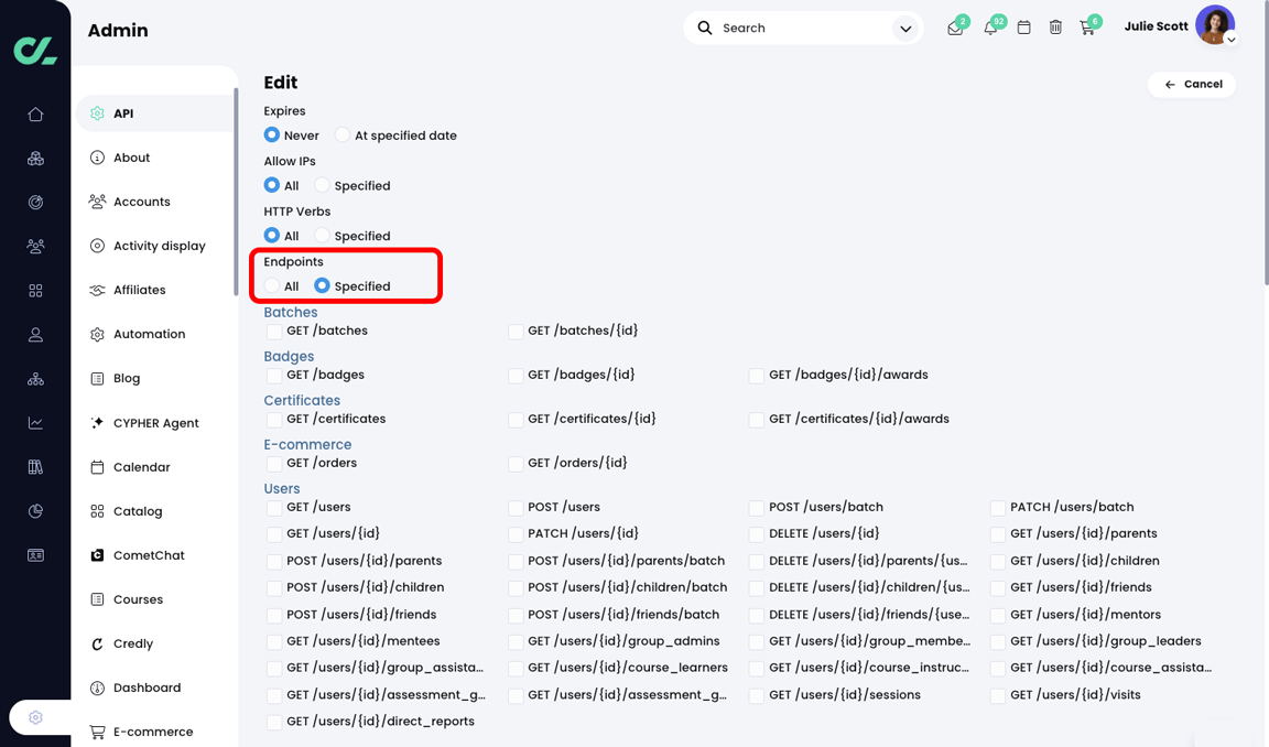 Admin, API key, Edit page with the Endpoints section highlighted and Specified radio button selected