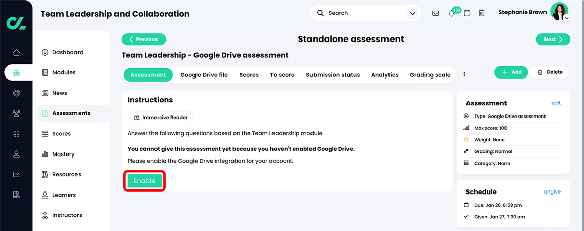 Course, Assessments, Google Drive assessment, Assessment tab with the Enable button highlighted