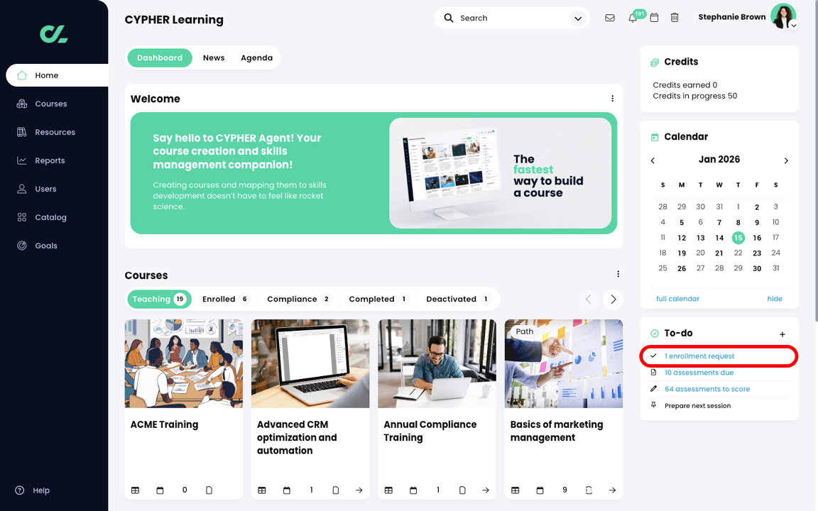 Instructor home dashboard with an enrollment request highlighted in the To-do widget