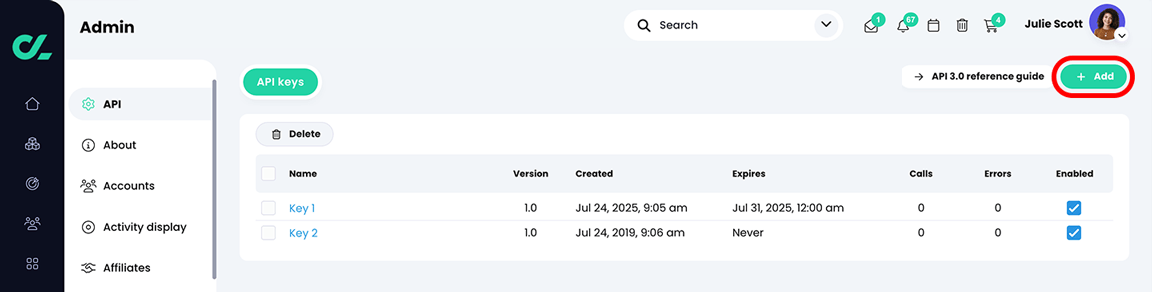 Admin, API keys page with the Add button highlighted