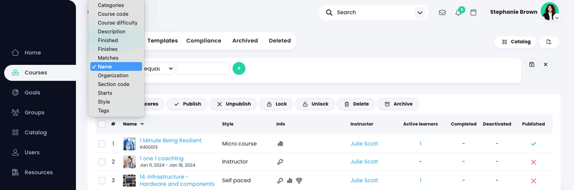 Pagina cu lista de cursuri care afișează opțiunile de filtrare