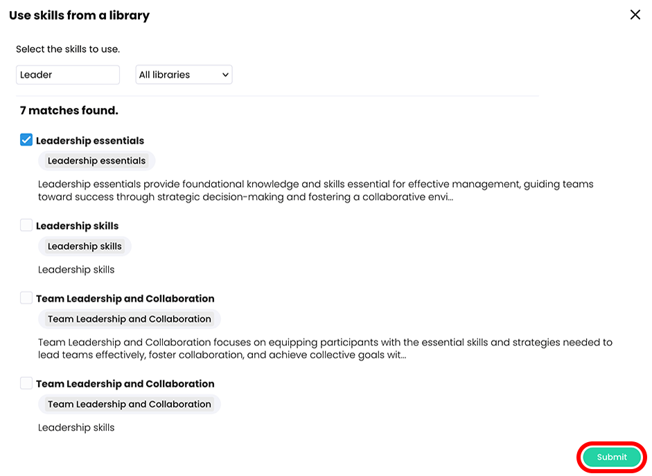 Use skills from a library pop-up with a skill selected and the Submit button highlighted