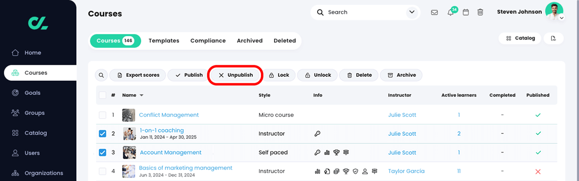 Courses, Courses list with two courses selected and the Unpublish button highlighted