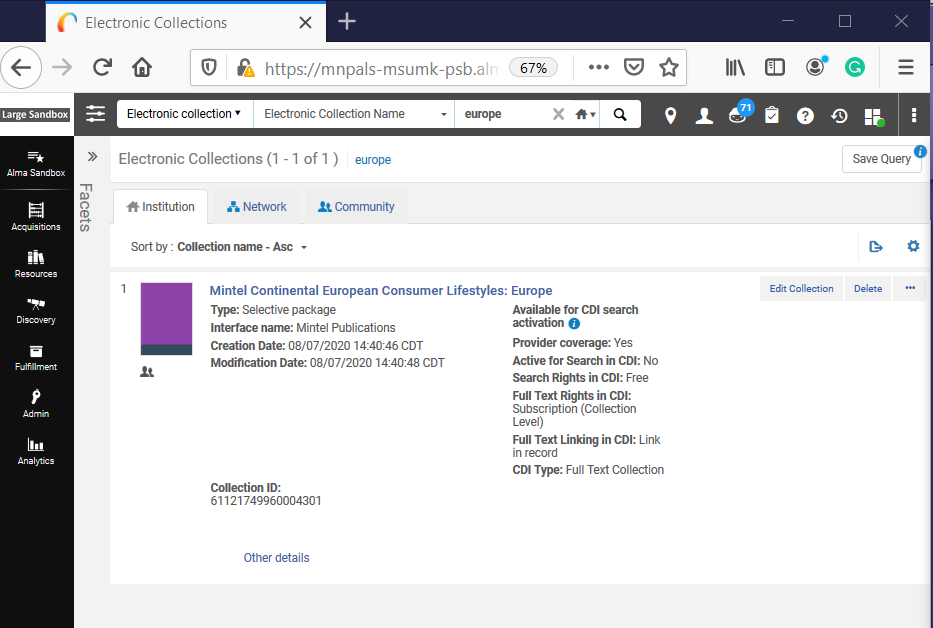 Screenshot of Electronic Collection search results with no service listed for the collection. 