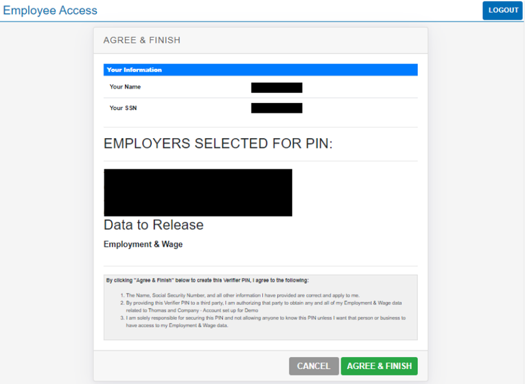 Agree & Finish confirmation page