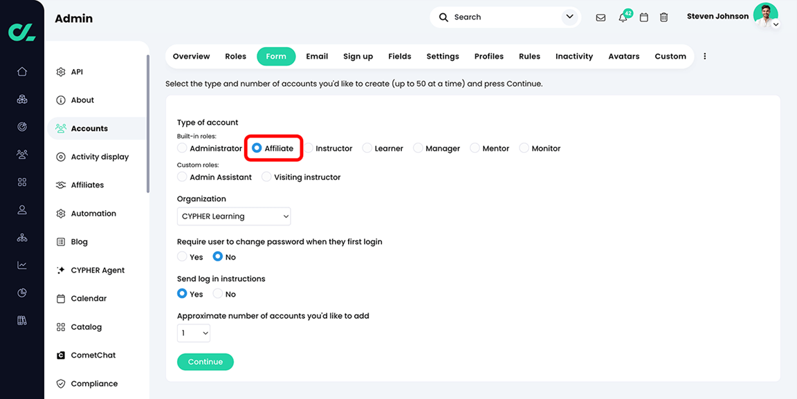 Admin, Accounts, Form tab with the Affiliate account type radio button selected and highlighted