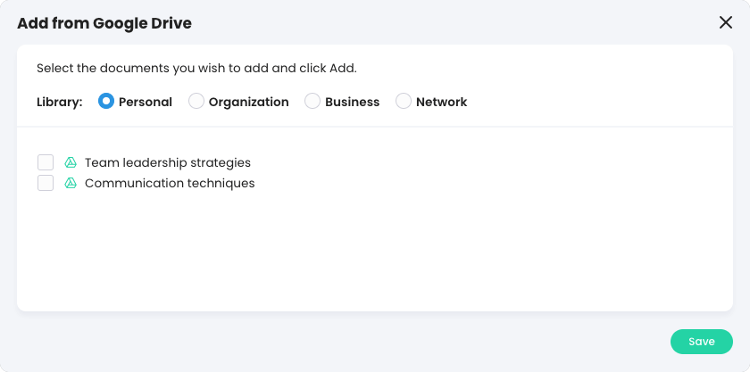 Add from Google Drive pop-up showing a list of resources that could be imported