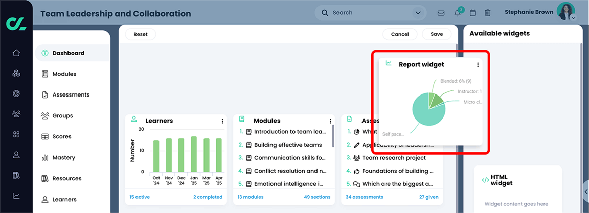 Bearbeiten Sie den Dashboard-Bildschirm, auf dem das Bericht-Widget hervorgehoben und in den mittleren Bereich verschoben wird.