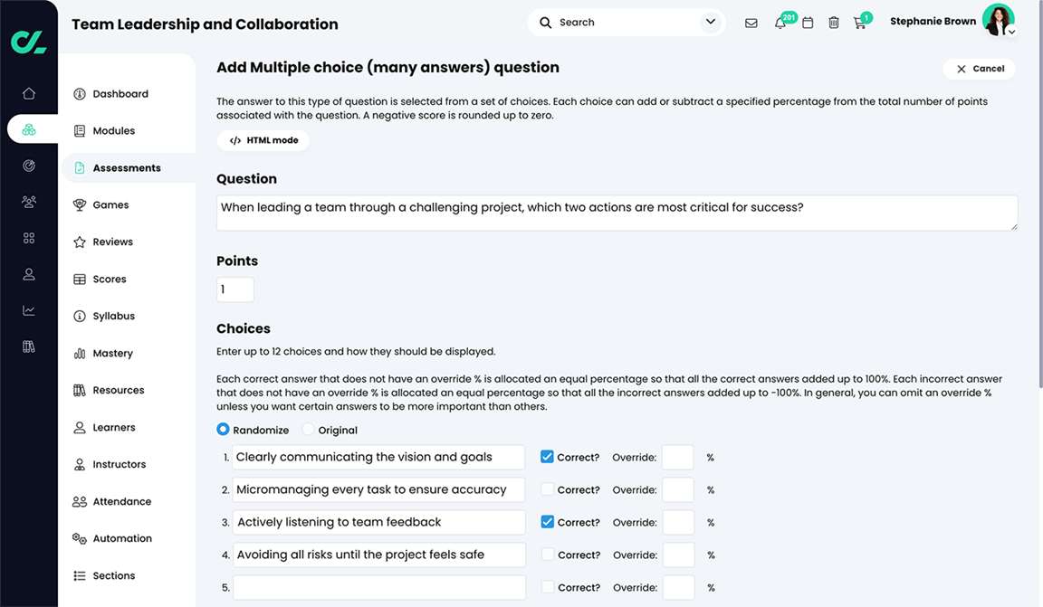 Course, Assessments, Quiz, Add Multiple choice (many answers) question page