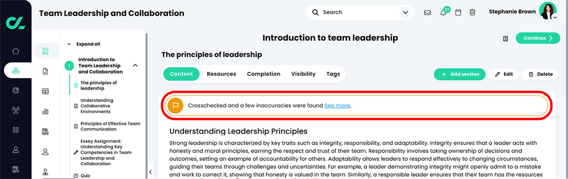 Course, page with Crosschecked and a few inaccuracies were found See more message highlighted