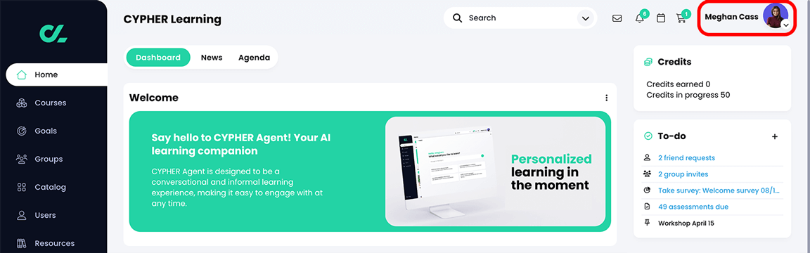 User home dashboard with the profile name and picture highlighted