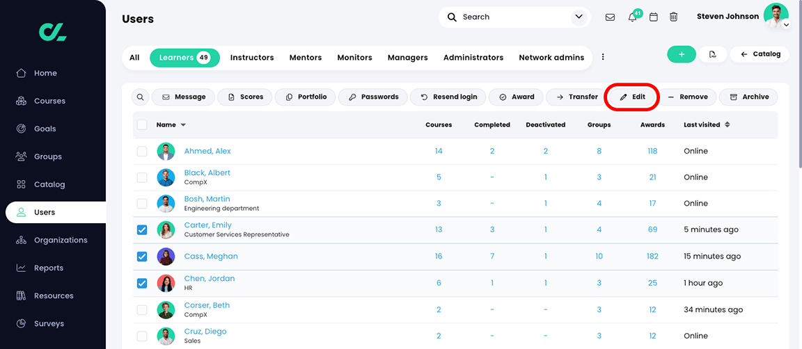 Users, Learners tab with three users selected and the Edit button highlighted