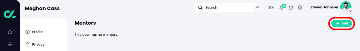 User profile page, Mentors page with the Add button highlighted