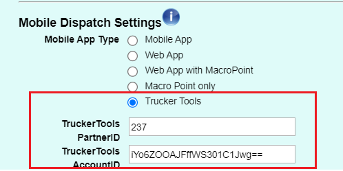 Mobile Dispatch Settings showing Trucker Tools fields in Load Manager