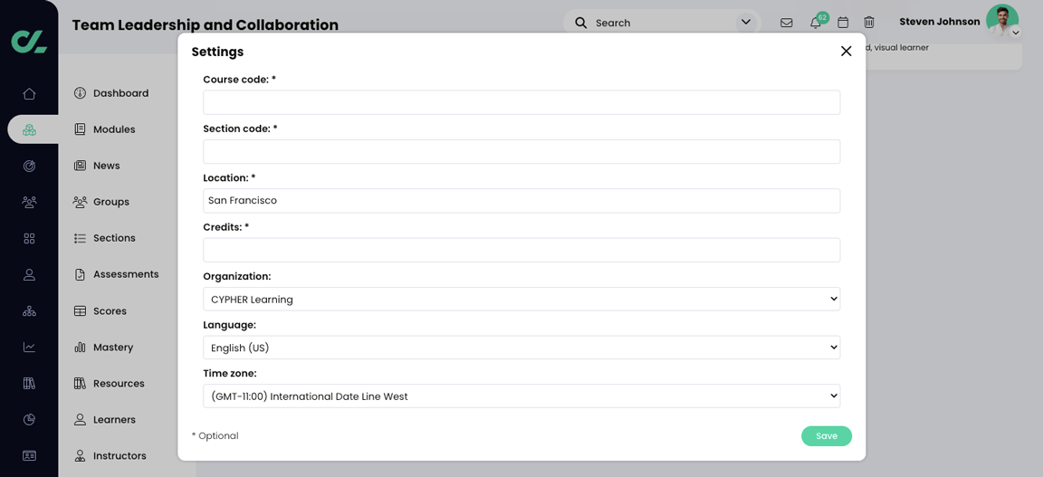 Course, Admin, Basics tab, Settings pop-up
